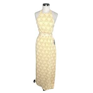 LUSH Yellow Medallion Print Open Back Maxi Dress Halter Women's Size Medium NWT